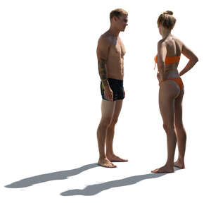 two cut out backlit people in bathing suits standing and talking