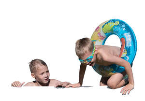 two cut out boys climbing out of the pool