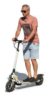 cut out middle aged man riding an electric scooter