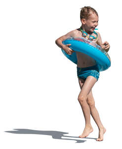 cut out little boy with a swim ring running happily