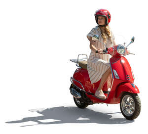 cut out sidelit woman riding a red vespa scooter