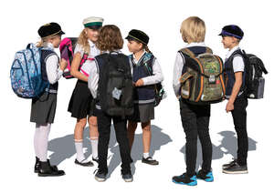 cut out group of pupils in school uniform standing and talking