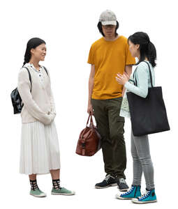 cut out group of three asian people standing and talking