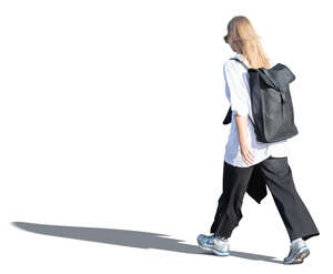 cut out young woman with a black leather backpack walking