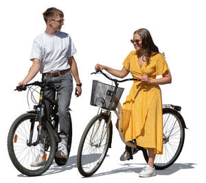 cut out young man and woman with bicycles standing and talking