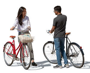 man and woman with bikes standing and talking