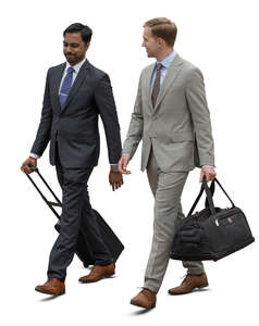 two cut out travelling businessmen walking and talking