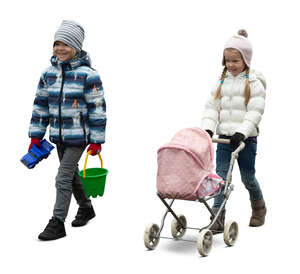 cut out two kids in outdoor clothes walking