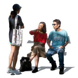 three cut out young people sitting and talking in partial shade