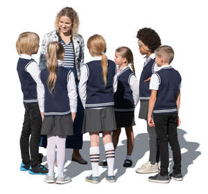 cut out group of school children talking to their teacher