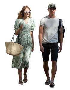 cut out man and woman in tree shade walking side by side