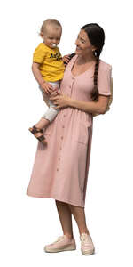 cut out woman in a pink dress standing and holding her baby boy