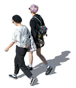 two cut out young women walking seen from above