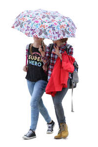 two cut out teenage girls with an umbrella walking and talking