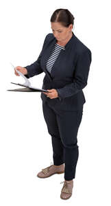 cut out woman standing and reading meeting notes seen from above