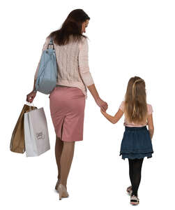 cut out mother and daughter walking hand in hand and carrying shopping bags