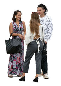 three cut out young east asian people standing and talking