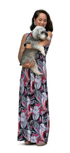 cut out woman standing and holding her dog in her lap