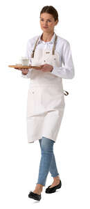 cut out waitress in a white apron walking and carrying a tray