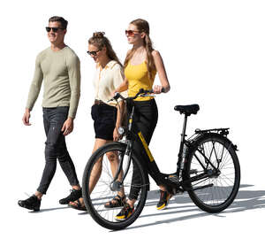 cut out woman with a bicycle walking with two friends