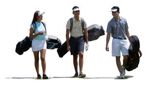 three cut out golf players walking on a golf course