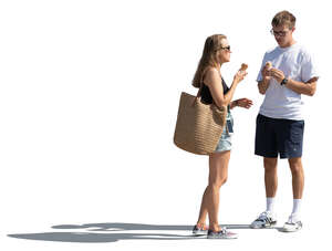 cut out man and woman eating ice cream and talking