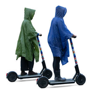 two cut out women wearing raincoats riding scooters