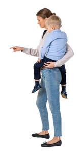 cut out woman with a small son standing by the touchscreen