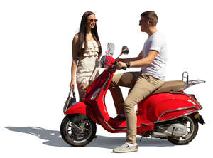 cut out man with a red vespa talking to a woman