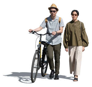 cut out man with a bicycle walking side by side with a woman