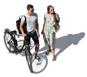 cut out woman and a man with a bike standing seen from above