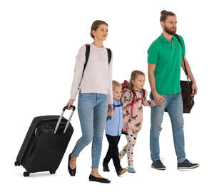 cut out family with many travel bags walking