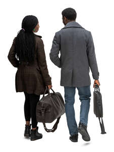 cut out man and woman carrying travel bags walking