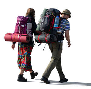 two cut out people with big hiking bags walking