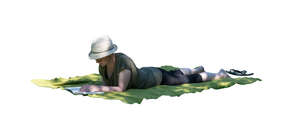 cut out woman lying in tree shade and reading