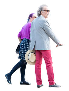 cut out elderly man and woman looking over a balcony railing