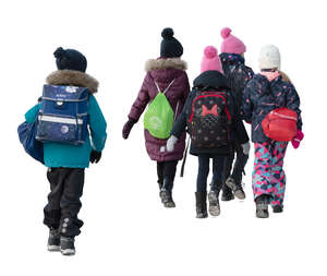 cut out group of school children in winter walking
