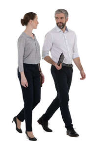 cut out man and woman walking and talking