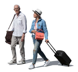 cut out elderly couple with suitcases walking