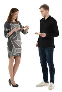 cut out man and woman standing in a buffet and eating and talking