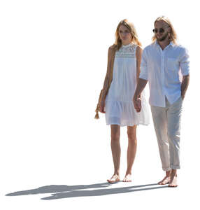 cut out backlit couple in white resort clothes walking