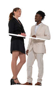 cut out man and woman standing on a balcony and talking