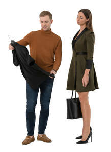 cut out man and woman standing in a shop and picking out clothes