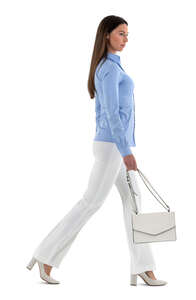cut out young woman wearing white pants walking