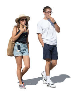 cut out woman and man walking and eating ice cream