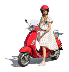 cut out woman in a striped summer dress riding a red vespa