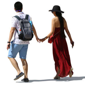 cut out asian man and woman walking hand in hand
