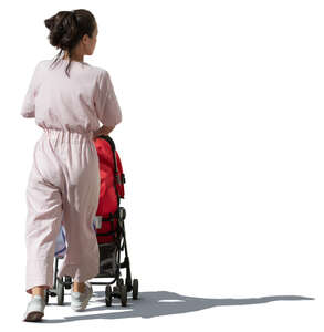 asian woman with a baby stroller walking
