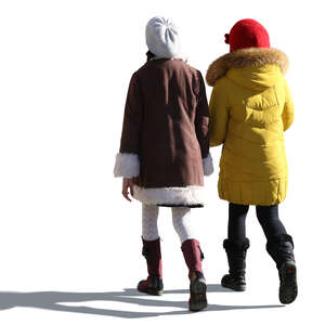 two cut out girls in winter coats walking