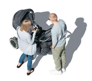 cut out family with a baby carriage standing seen from above